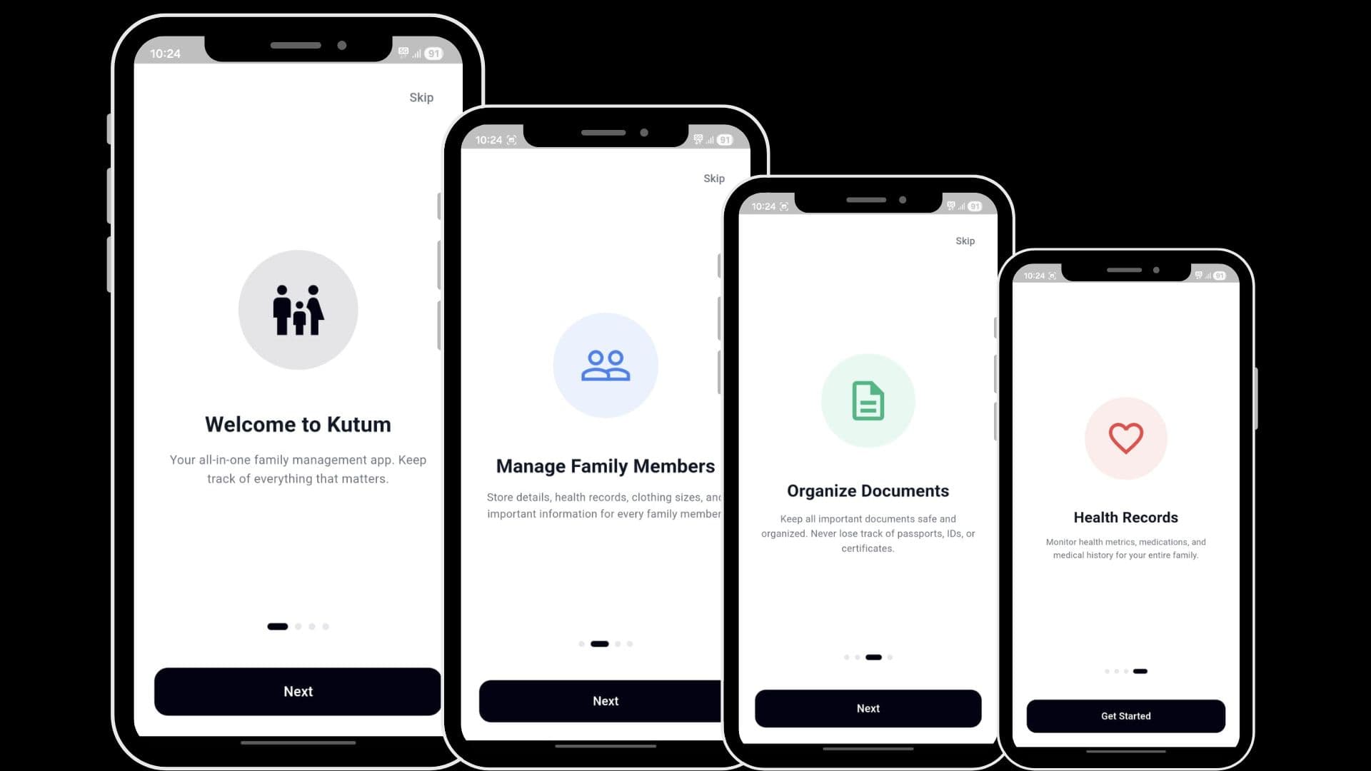 A collage of the first four screens of the Kutum mobile app onboarding.